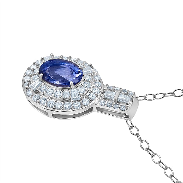 D'Joy Premium Ceylon Blue Sapphire And Moissanite 1.50 Ctw Celestial Halo Pendant Necklace In Rhodium Over Sterling Silver 20 Inches