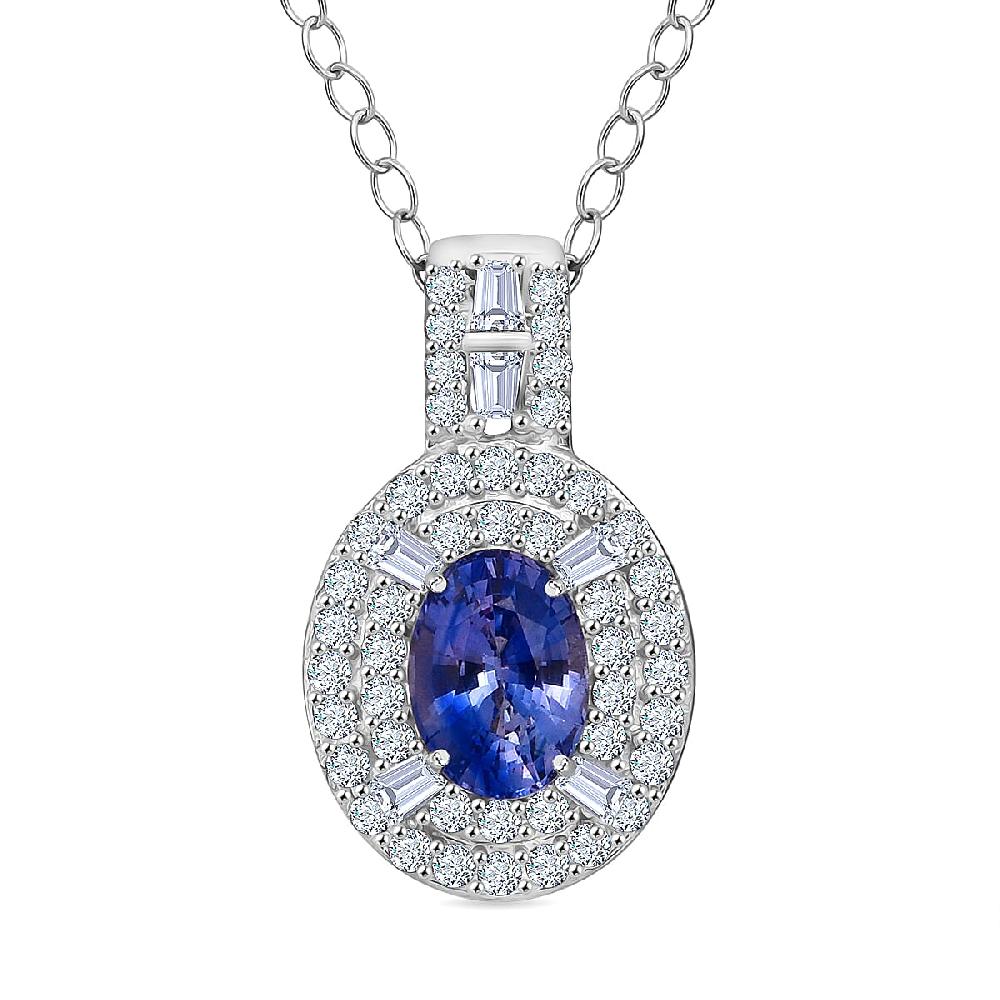 D'Joy Premium Ceylon Blue Sapphire and Moissanite 1.50 ctw Celestial Halo Pendant Necklace in Rhodium Over Sterling Silver 20 Inches