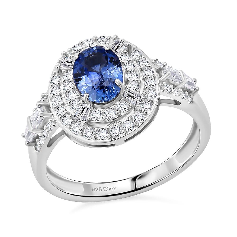 D'Joy Premium Ceylon Blue Sapphire and Moissanite 1.60 ctw Celestial Halo Ring in Rhodium Over Sterling Silver