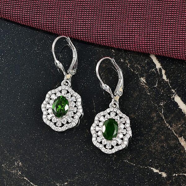D'Joy Premium Chrome Diopside And Moissanite 2.60 Ctw Blooming Floral Earrings In Rhodium Over Sterling Silver