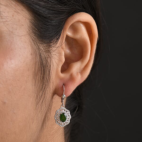 D'Joy Premium Chrome Diopside And Moissanite 2.60 Ctw Blooming Floral Earrings In Rhodium Over Sterling Silver