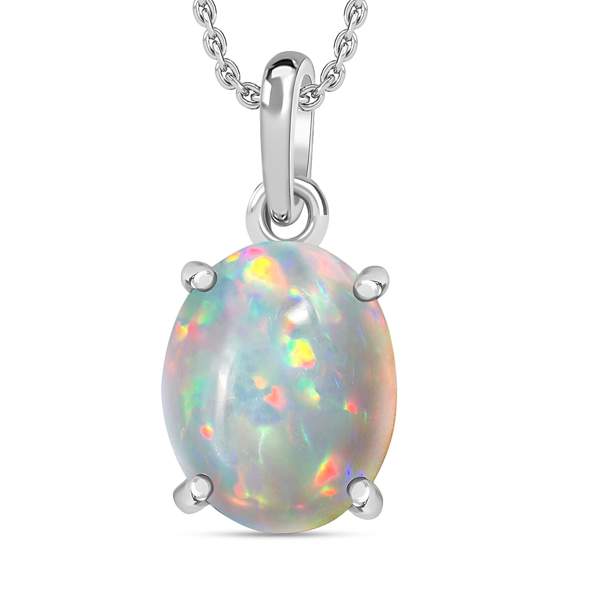 D'Joy Premium Ethiopian Welo Opal 1.80 ctw Solitaire Pendant Necklace 20 Inches in Platinum Over Sterling Silver (Del. in 10-12 Days)