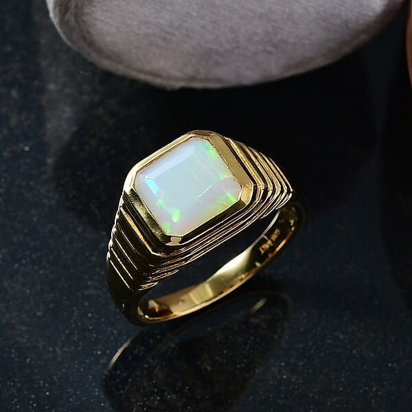 D'Joy Premium Ethiopian Welo Opal 2.50 Ctw Men's Ring In 18K Vermeil Yellow Gold Over Sterling Silver