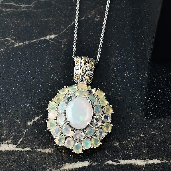 D'Joy Premium Ethiopian Welo Opal 5.30 Ctw Bloom Pendant Necklace In 18K Vermeil YG And Rhodium Over Sterling Silver 20 Inches