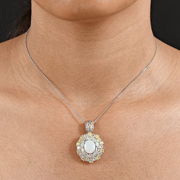 D'Joy Premium Ethiopian Welo Opal 5.30 Ctw Bloom Pendant Necklace In 18K Vermeil YG And Rhodium Over Sterling Silver 20 Inches