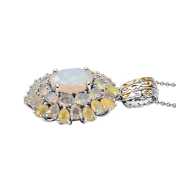 D'Joy Premium Ethiopian Welo Opal 5.30 Ctw Bloom Pendant Necklace In 18K Vermeil YG And Rhodium Over Sterling Silver 20 Inches