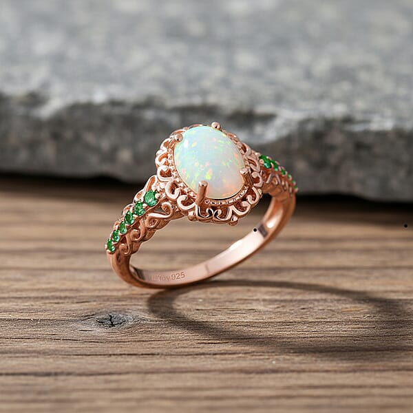 D'Joy Premium Ethiopian Welo Opal And Chrome Diopside 1.44 Ctw Ring In 18K Vermeil Rose Gold Over Sterling Silver