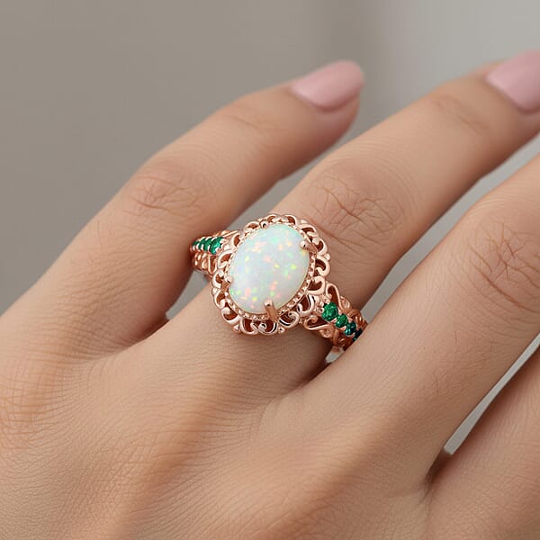 D'Joy Premium Ethiopian Welo Opal And Chrome Diopside 1.44 Ctw Ring In 18K Vermeil Rose Gold Over Sterling Silver
