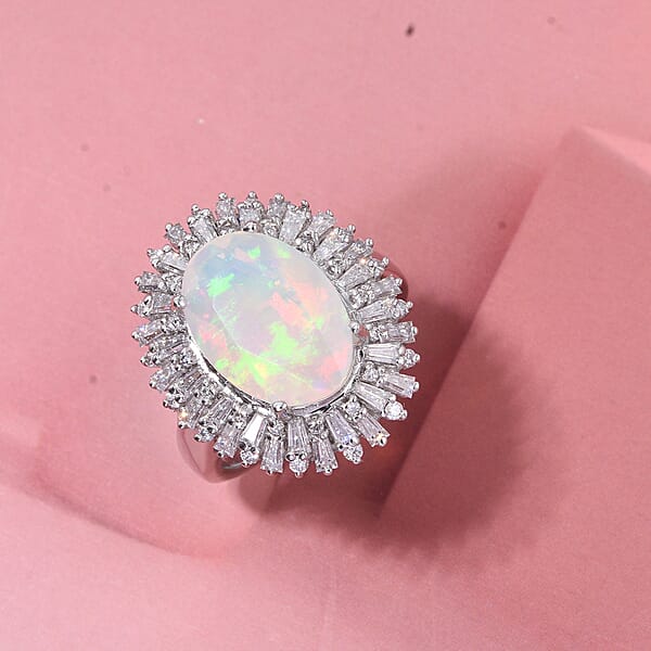D'Joy Premium Ethiopian Welo Opal And Moissanite 4.90 Ctw Moonlit Radiance Ring In Rhodium Over Sterling Silver