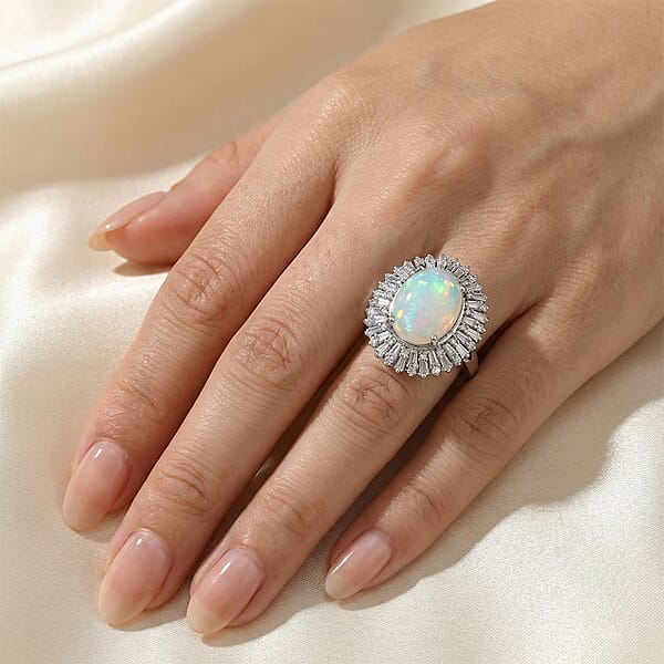 D'Joy Premium Ethiopian Welo Opal And Moissanite 4.90 Ctw Moonlit Radiance Ring In Rhodium Over Sterling Silver