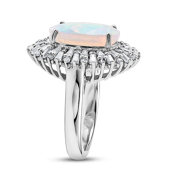 D'Joy Premium Ethiopian Welo Opal And Moissanite 4.90 Ctw Moonlit Radiance Ring In Rhodium Over Sterling Silver