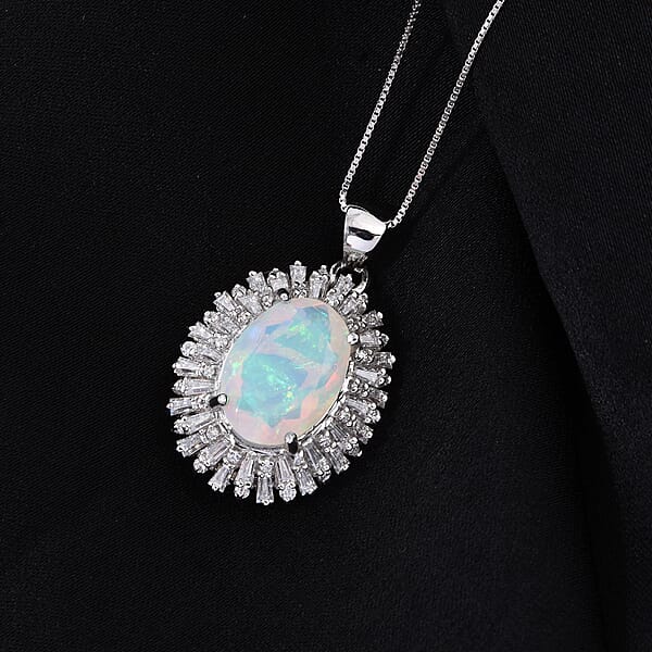 D'Joy Premium Ethiopian Welo Opal And Moissanite 4.90 Ctw Moonlit Radiance Pendant Necklace In Rhodium Over Sterling Silver 20 Inches