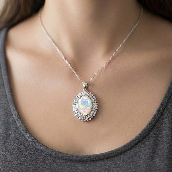D'Joy Premium Ethiopian Welo Opal And Moissanite 4.90 Ctw Moonlit Radiance Pendant Necklace In Rhodium Over Sterling Silver 20 Inches