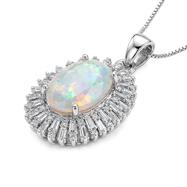 D'Joy Premium Ethiopian Welo Opal And Moissanite 4.90 Ctw Moonlit Radiance Pendant Necklace In Rhodium Over Sterling Silver 20 Inches