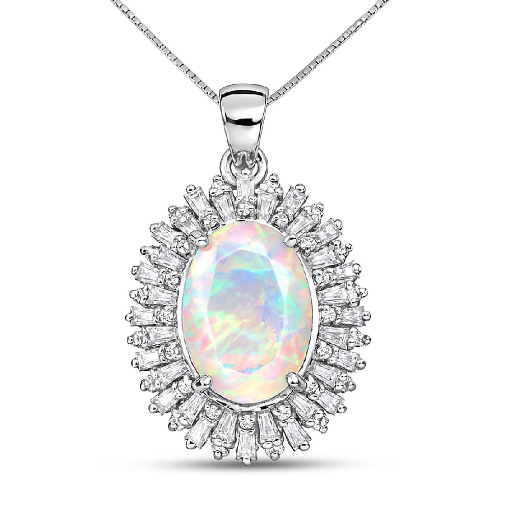 D'Joy Premium Ethiopian Welo Opal and Moissanite 4.90 ctw Moonlit Radiance Pendant Necklace in Rhodium Over Sterling Silver 20 Inches
