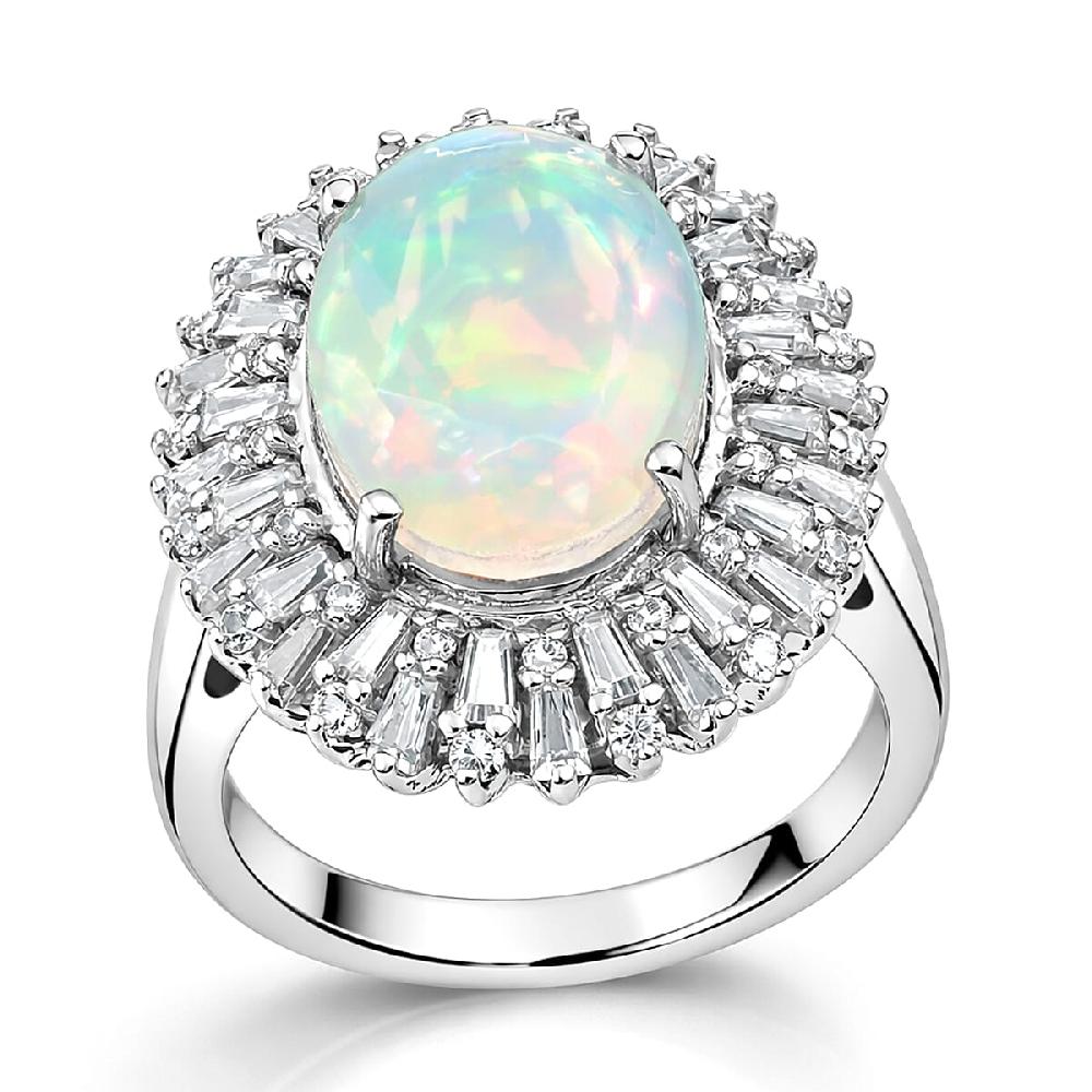 D'Joy Premium Ethiopian Welo Opal and Moissanite 4.90 ctw Moonlit Radiance Ring in Rhodium Over Sterling Silver