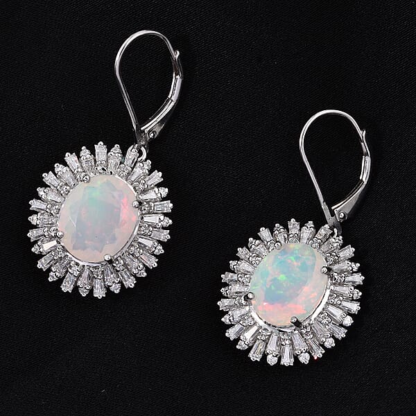 D'Joy Premium Ethiopian Welo Opal And Moissanite 6.70 Ctw Moonlit Radiance Earrings In Rhodium Over Sterling Silver