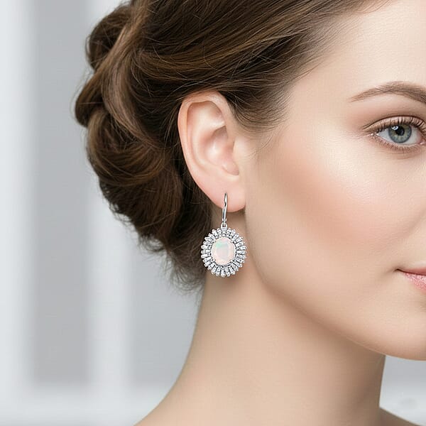 D'Joy Premium Ethiopian Welo Opal And Moissanite 6.70 Ctw Moonlit Radiance Earrings In Rhodium Over Sterling Silver