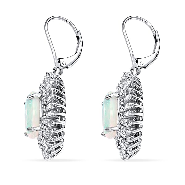 D'Joy Premium Ethiopian Welo Opal And Moissanite 6.70 Ctw Moonlit Radiance Earrings In Rhodium Over Sterling Silver