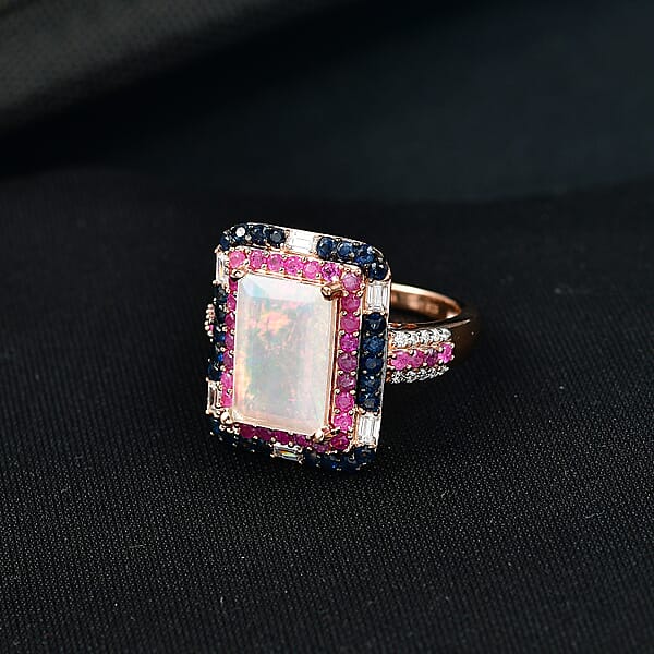 D'Joy Premium Ethiopian Welo Opal And Multi Gemstone 4.15 Ctw Aurora Opal Ring In 18K Vermeil Rose Gold Over Sterling Silver