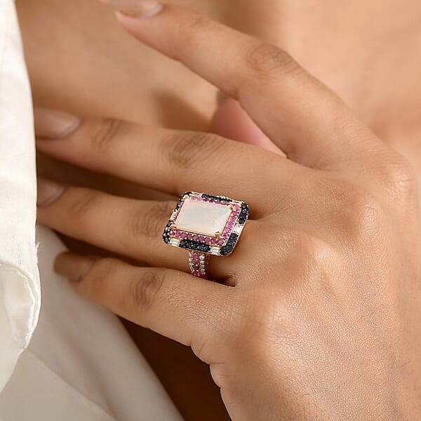 D'Joy Premium Ethiopian Welo Opal And Multi Gemstone 4.15 Ctw Aurora Opal Ring In 18K Vermeil Rose Gold Over Sterling Silver