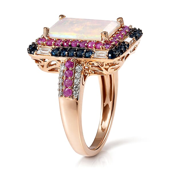 D'Joy Premium Ethiopian Welo Opal And Multi Gemstone 4.15 Ctw Aurora Opal Ring In 18K Vermeil Rose Gold Over Sterling Silver