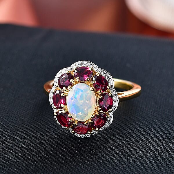 D'Joy Premium Ethiopian Welo Opal And Multi Gemstone 2.50 Ctw Fire & Light Ring In 18K Vermeil Yellow Gold Over Sterling Silver (Del. In 5-7 Days)