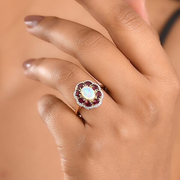 D'Joy Premium Ethiopian Welo Opal And Multi Gemstone 2.50 Ctw Fire & Light Ring In 18K Vermeil Yellow Gold Over Sterling Silver (Del. In 5-7 Days)