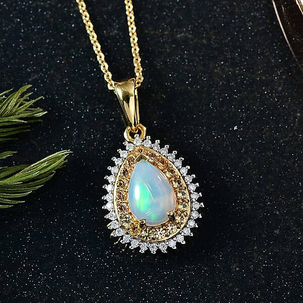 D'Joy Premium Ethiopian Welo Opal And Multi Gemstone 1.30 Ctw Tear Of Fire Pendant Necklace In 18K Vermeil Yellow Gold Over Sterling Silver 20 Inches