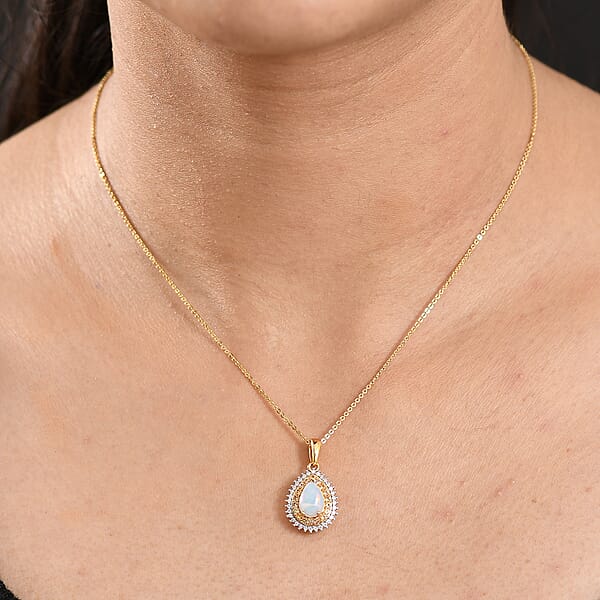 D'Joy Premium Ethiopian Welo Opal And Multi Gemstone 1.30 Ctw Tear Of Fire Pendant Necklace In 18K Vermeil Yellow Gold Over Sterling Silver 20 Inches