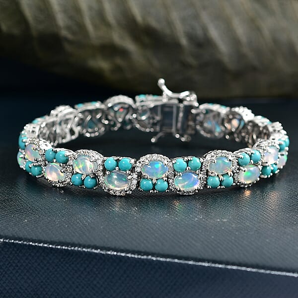 D'Joy Premium Ethiopian Welo Opal And Multi Gemstone 13.25 Ctw Frozen Symphony Bracelet In Rhodium Over Sterling Silver (6.50 In)