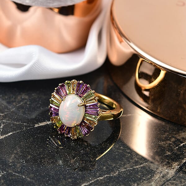 D'Joy Premium Ethiopian Welo Opal And Multi Gemstone 3.80 Ctw Crown Of Flames Ring In 18K Vermeil Yellow Gold Over Sterling Silver