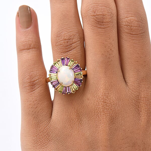 D'Joy Premium Ethiopian Welo Opal And Multi Gemstone 3.80 Ctw Crown Of Flames Ring In 18K Vermeil Yellow Gold Over Sterling Silver