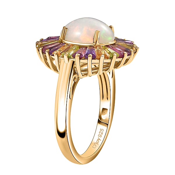 D'Joy Premium Ethiopian Welo Opal And Multi Gemstone 3.80 Ctw Crown Of Flames Ring In 18K Vermeil Yellow Gold Over Sterling Silver