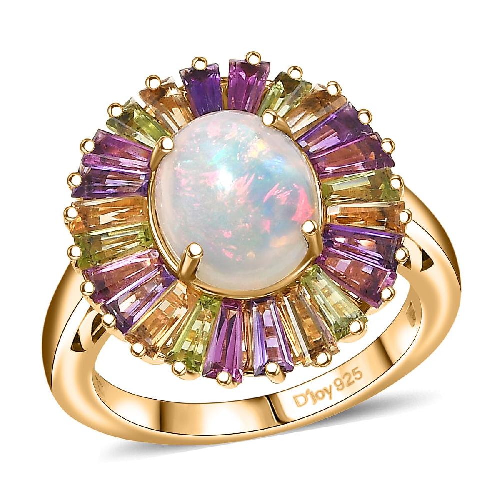 D'Joy Premium Ethiopian Welo Opal and Multi Gemstone 3.80 ctw Crown of Flames Ring in 18K Vermeil Yellow Gold Over Sterling Silver