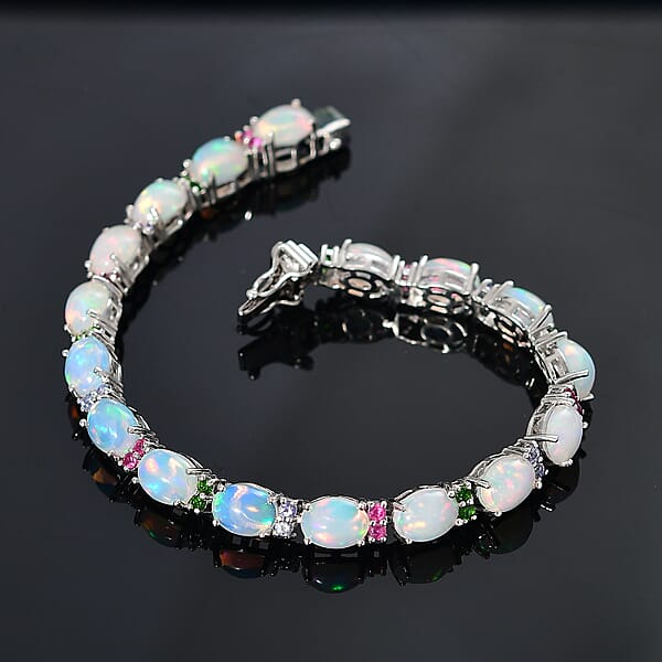 D'Joy Premium Ethiopian Welo Opal And Multi Gemstone 14.80 Ctw Rainbow Bracelet In Rhodium Over Sterling Silver (7.25 In)