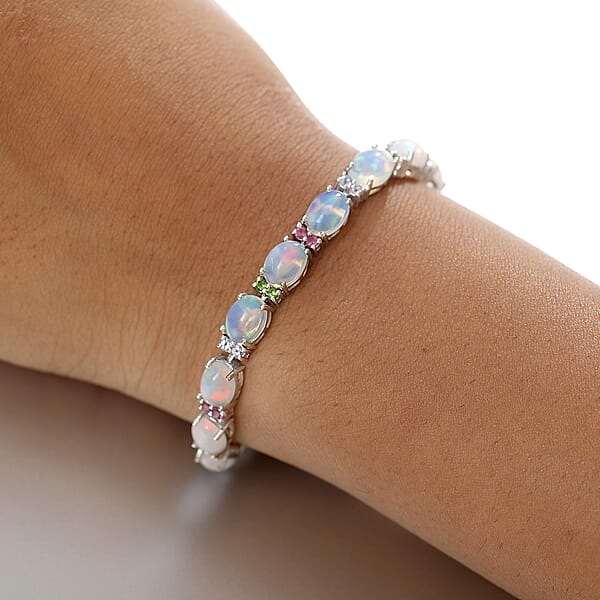 D'Joy Premium Ethiopian Welo Opal And Multi Gemstone 14.80 Ctw Rainbow Bracelet In Rhodium Over Sterling Silver (7.25 In)