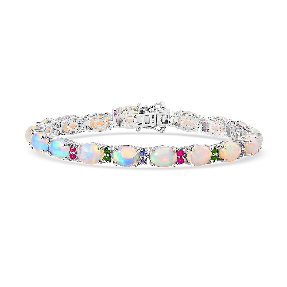 D'Joy Premium Ethiopian Welo Opal and Multi Gemstone 14.80 ctw Rainbow Bracelet in Rhodium Over Sterling Silver (7.25 In)