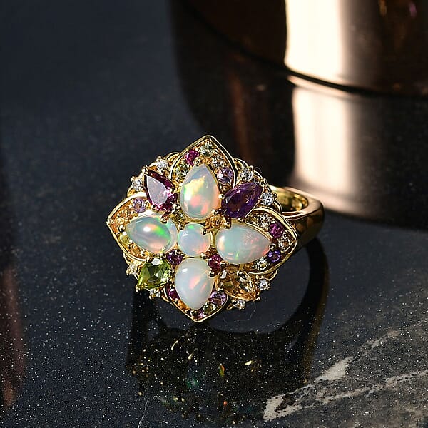 D'Joy Premium Ethiopian Welo Opal And Multi Gemstones 2.70 Ctw Garden Of Light Ring In 18K Vermeil Yellow Gold Over Sterling Silver