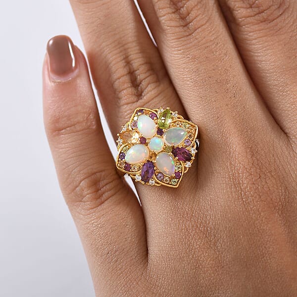 D'Joy Premium Ethiopian Welo Opal And Multi Gemstones 2.70 Ctw Garden Of Light Ring In 18K Vermeil Yellow Gold Over Sterling Silver