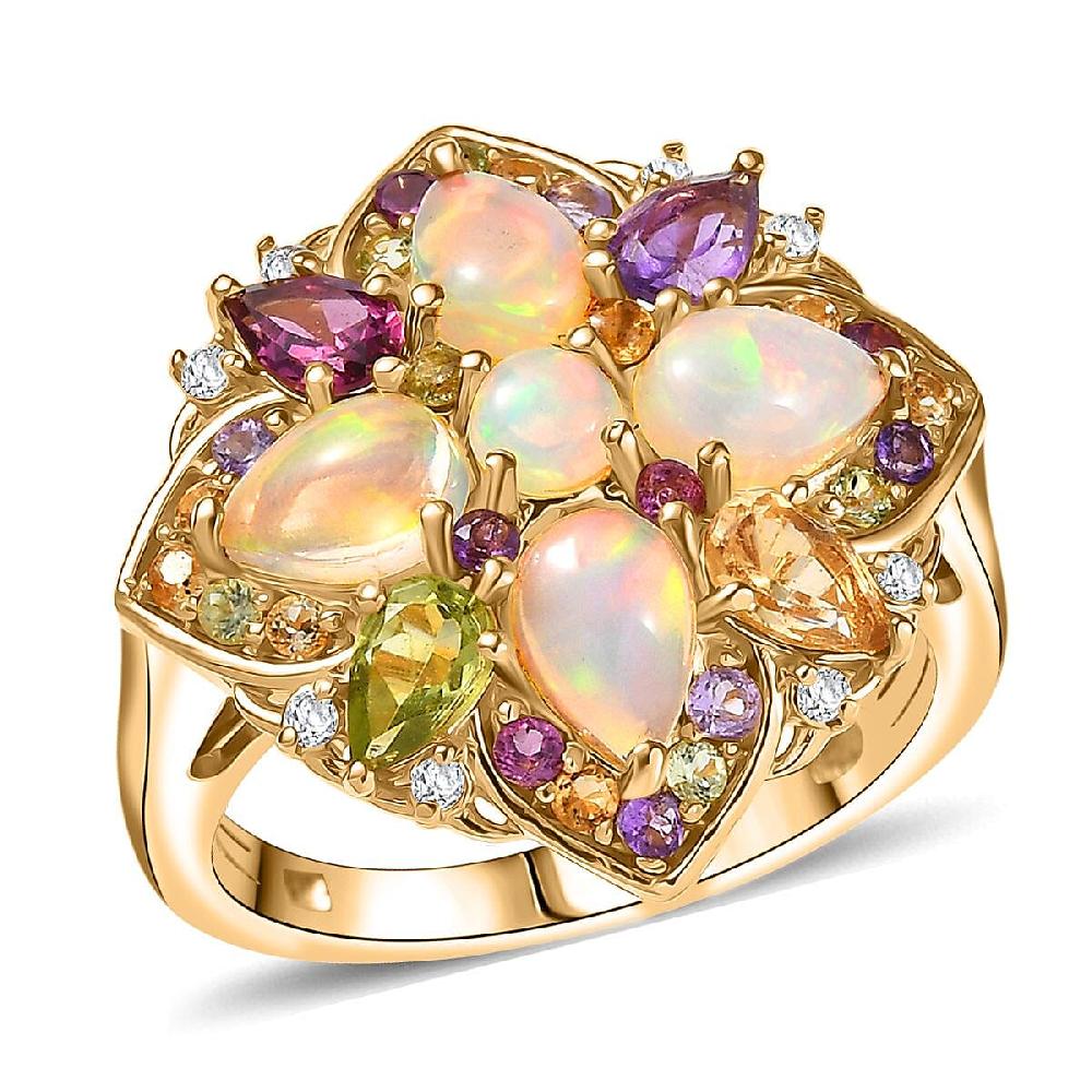 D'Joy Premium Ethiopian Welo Opal and Multi Gemstones 2.70 ctw Garden of Light Ring in 18K Vermeil Yellow Gold Over Sterling Silver