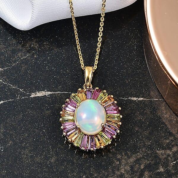 D'Joy Premium Ethiopian Welo Opal And Multi Gemstone 3.65 Ctw Crown Of Flames Pendant Necklace In 18K Vermeil Yellow Gold Over Sterling Silver 20 Inches
