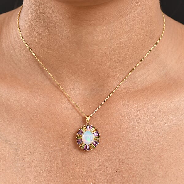 D'Joy Premium Ethiopian Welo Opal And Multi Gemstone 3.65 Ctw Crown Of Flames Pendant Necklace In 18K Vermeil Yellow Gold Over Sterling Silver 20 Inches