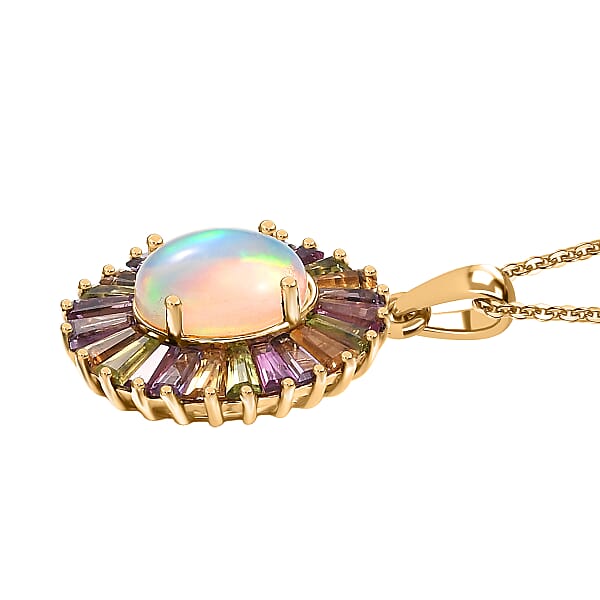 D'Joy Premium Ethiopian Welo Opal And Multi Gemstone 3.65 Ctw Crown Of Flames Pendant Necklace In 18K Vermeil Yellow Gold Over Sterling Silver 20 Inches