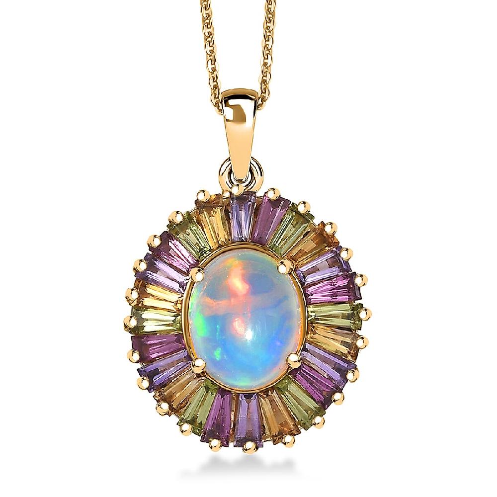 D'Joy Premium Ethiopian Welo Opal and Multi Gemstone 3.65 ctw Crown of Flames Pendant Necklace in 18K Vermeil Yellow Gold Over Sterling Silver 20 Inches