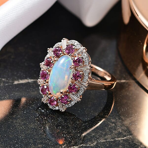 D'Joy Premium Ethiopian Welo Opal And Multi Gemstone 2.75 Ctw Frozen Majesty Ring In 18K Vermeil Rose Gold Over Sterling Silver