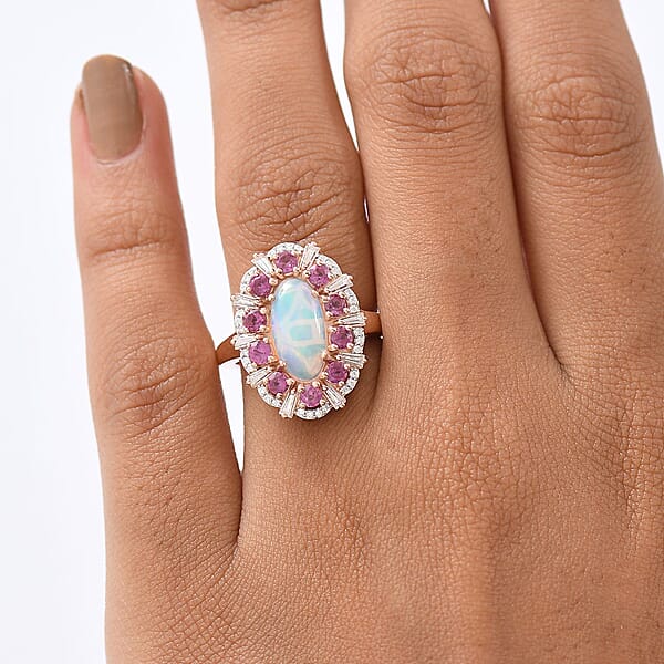 D'Joy Premium Ethiopian Welo Opal And Multi Gemstone 2.75 Ctw Frozen Majesty Ring In 18K Vermeil Rose Gold Over Sterling Silver