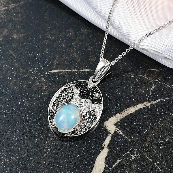 D'Joy Premium Ethiopian Welo Opal And Multi Gemstone 1.75 Ctw Frostfire Valley Pendant Necklace In Rhodium Over Sterling Silver 20 Inches