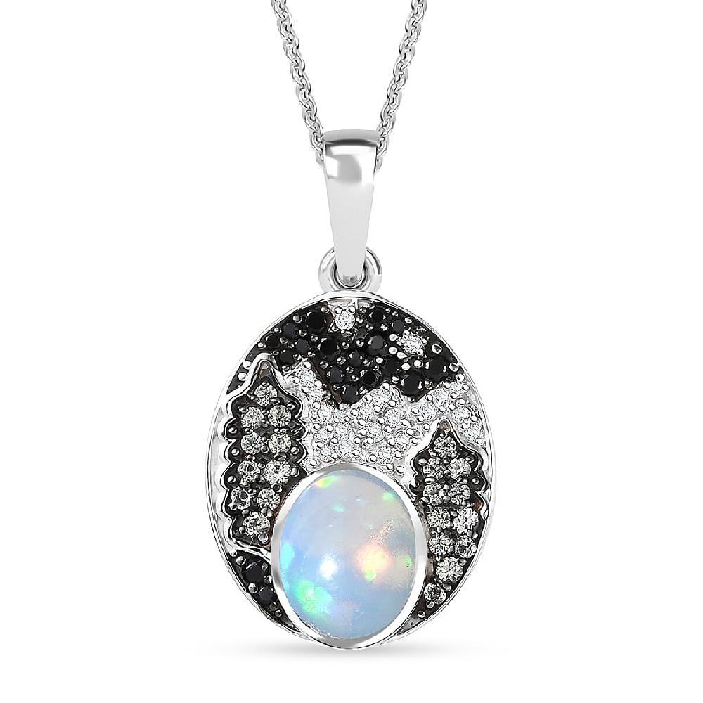 D'Joy Premium Ethiopian Welo Opal and Multi Gemstone 1.75 ctw Frostfire Valley Pendant Necklace in Rhodium Over Sterling Silver 20 Inches