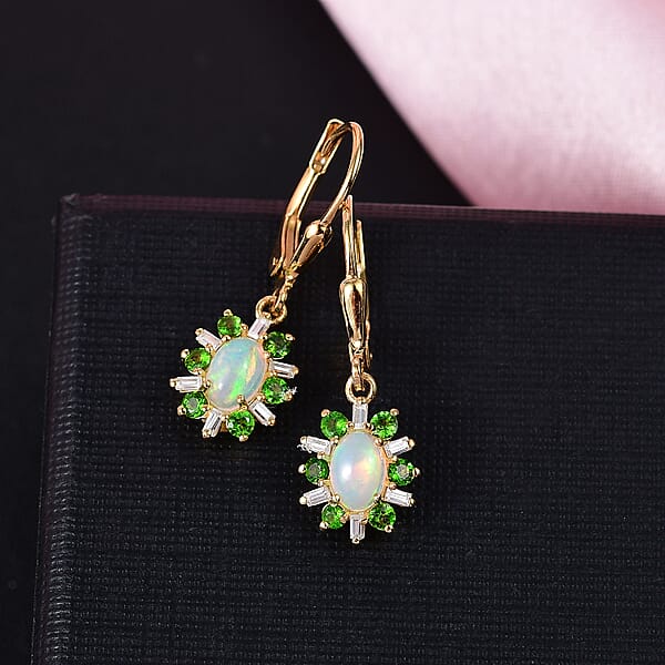 D'Joy Premium Ethiopian Welo Opal And Multi Gemstone 1.60 Ctw Sunburst Lever Back Earrings In 18K Vermeil Yellow Gold Over Sterling Silver